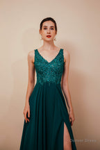 V Neck Chiffon Appliques A Line Long Prom Dresses