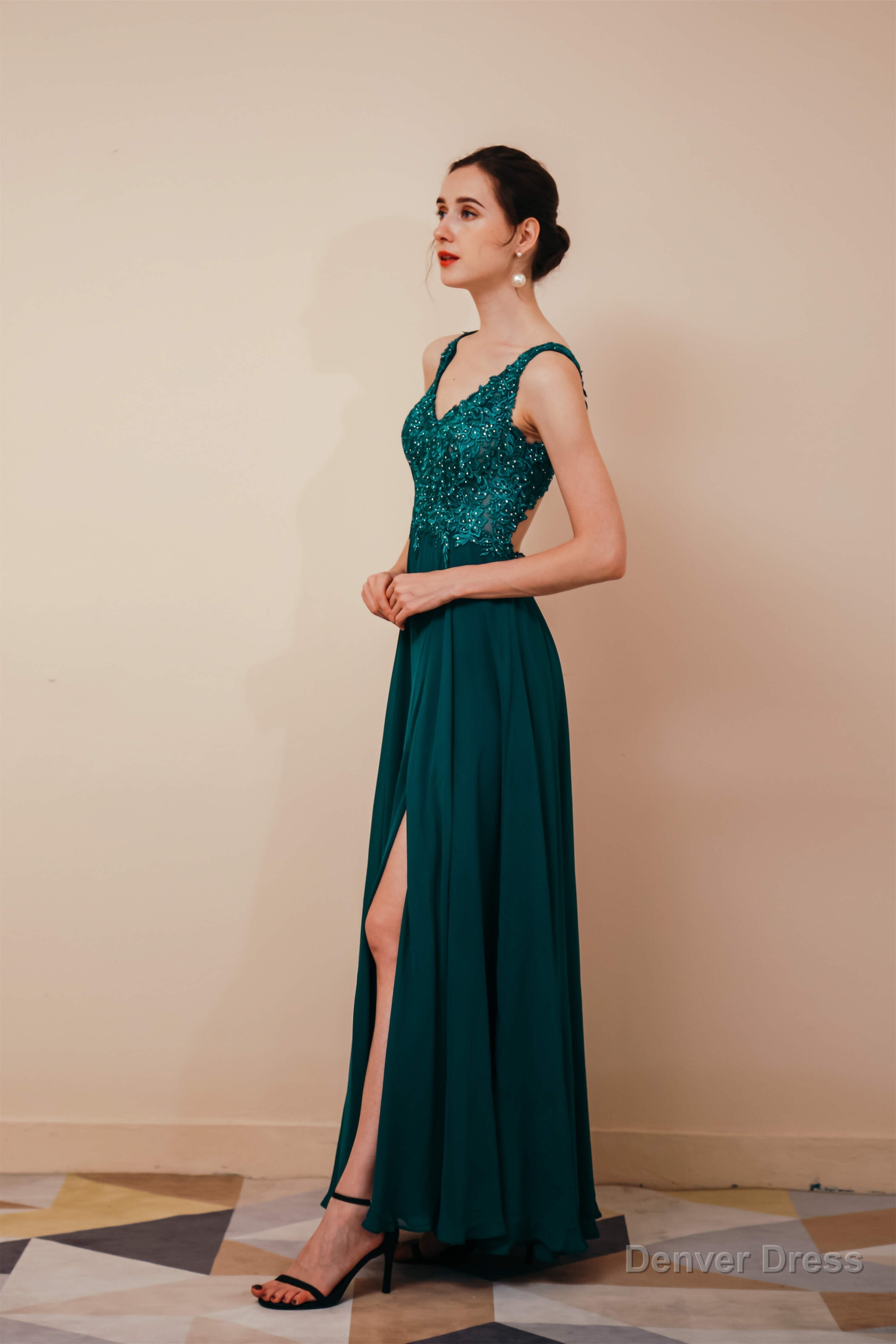 V Neck Chiffon Appliques A Line Long Prom Dresses