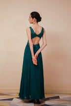 V Neck Chiffon Appliques A Line Long Prom Dresses