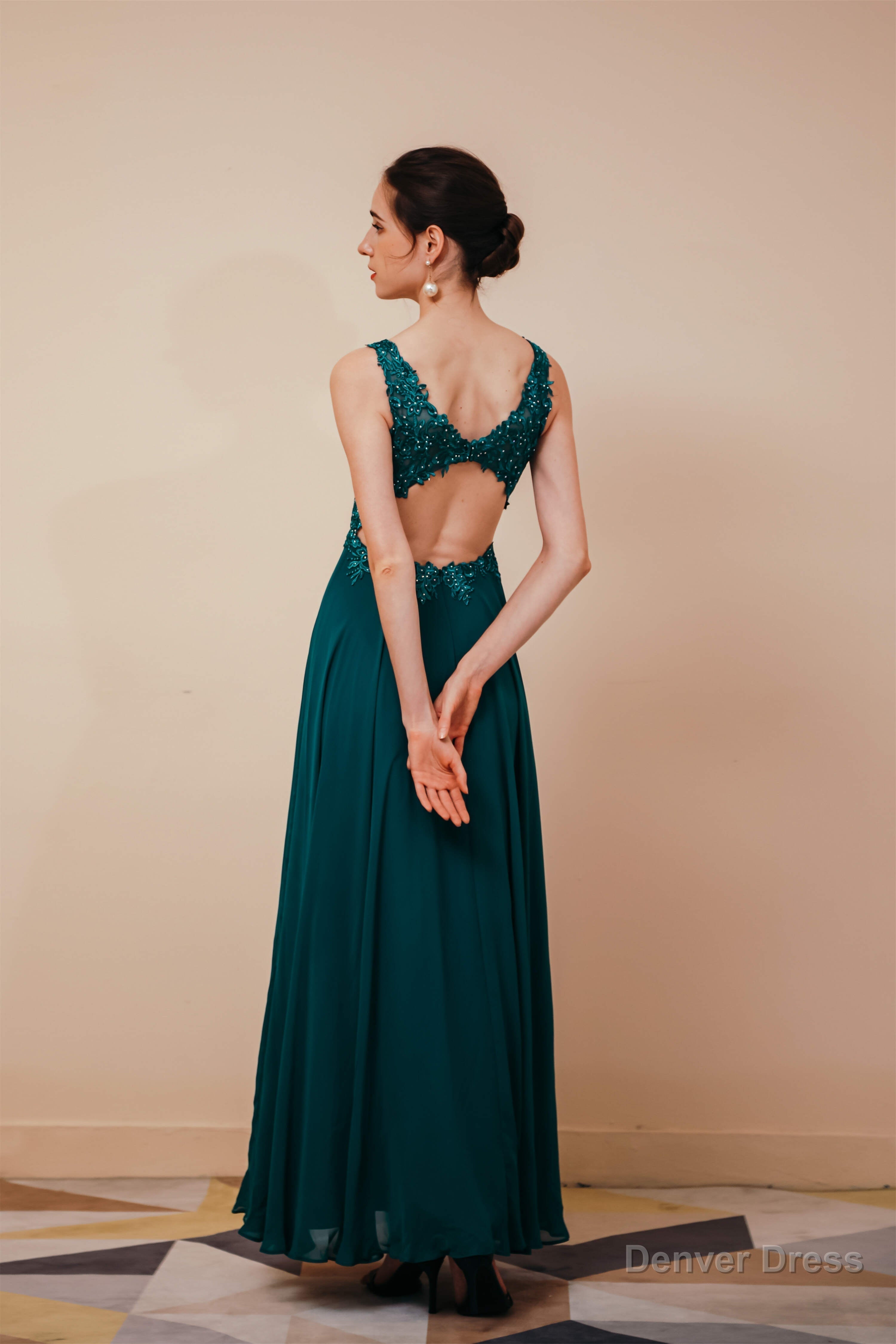 V Neck Chiffon Appliques A Line Long Prom Dresses