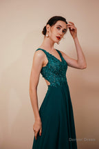 V Neck Chiffon Appliques A Line Long Prom Dresses