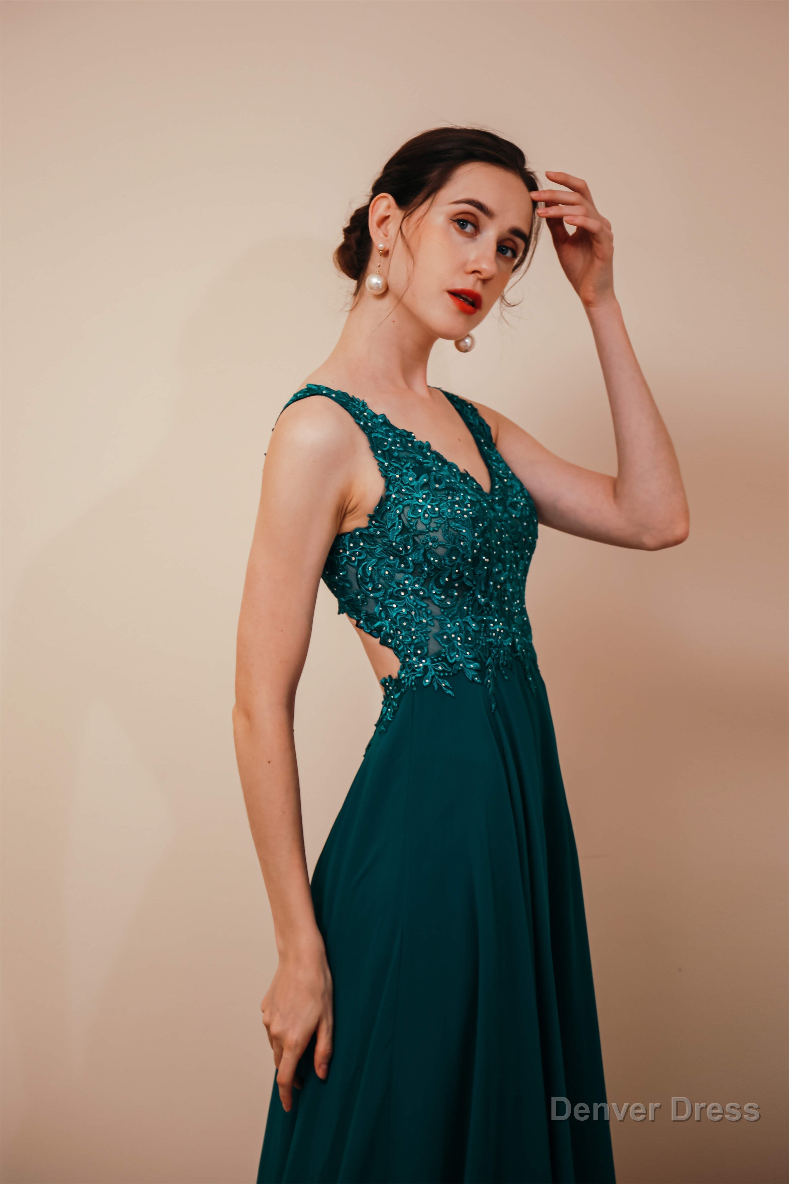 V Neck Chiffon Appliques A Line Long Prom Dresses