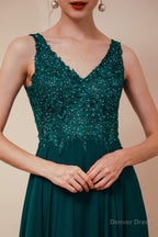 V Neck Chiffon Appliques A Line Long Prom Dresses