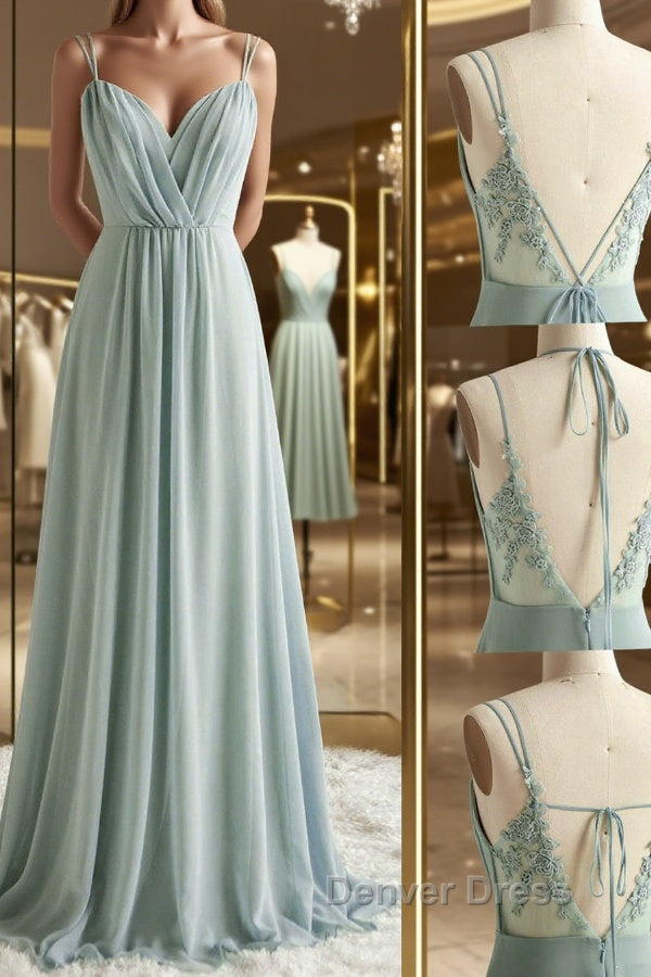 Green V Neck Chiffon Prom Dress with Lace Back, Green V Neck Long Prom Dresses