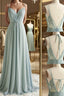 Green V Neck Chiffon Prom Dress with Lace Back, Green V Neck Long Prom Dresses