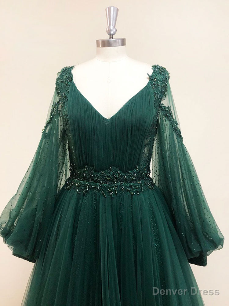 Green V Neck Lace A Line Long Prom Dress,Tulle Prom Dresses Long Sleeve
