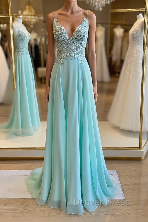 Green v neck lace chiffon long prom Dress, lace Prom Dresses