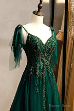 Green V Neck Lace Long Prom Dress, A Line Spaghetti Straps Prom Dresses
