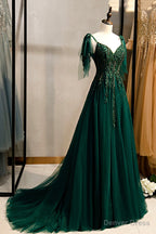 Green V Neck Lace Long Prom Dress, A Line Spaghetti Straps Prom Dresses