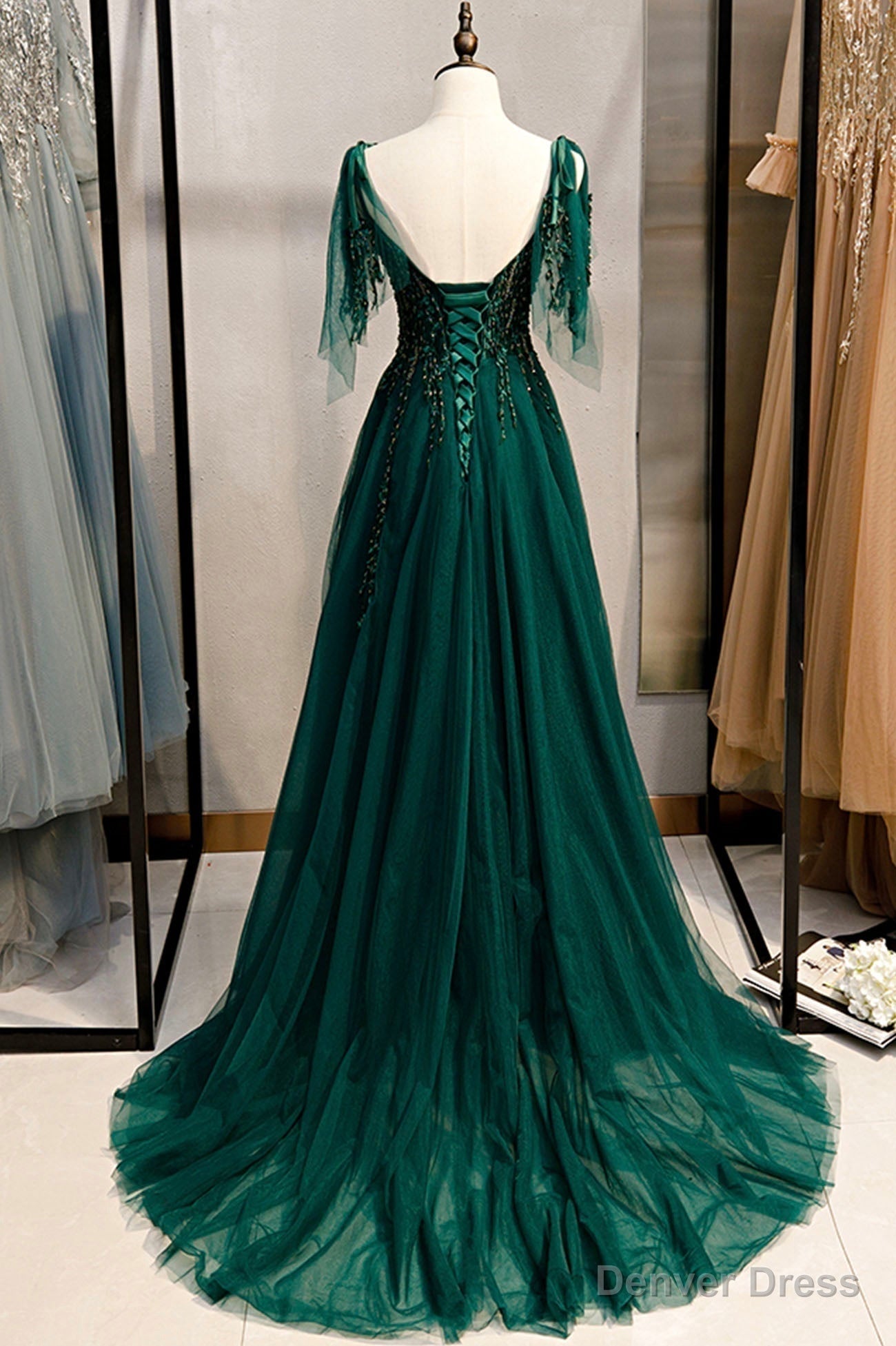 Green V Neck Lace Long Prom Dress, A Line Spaghetti Straps Prom Dresses
