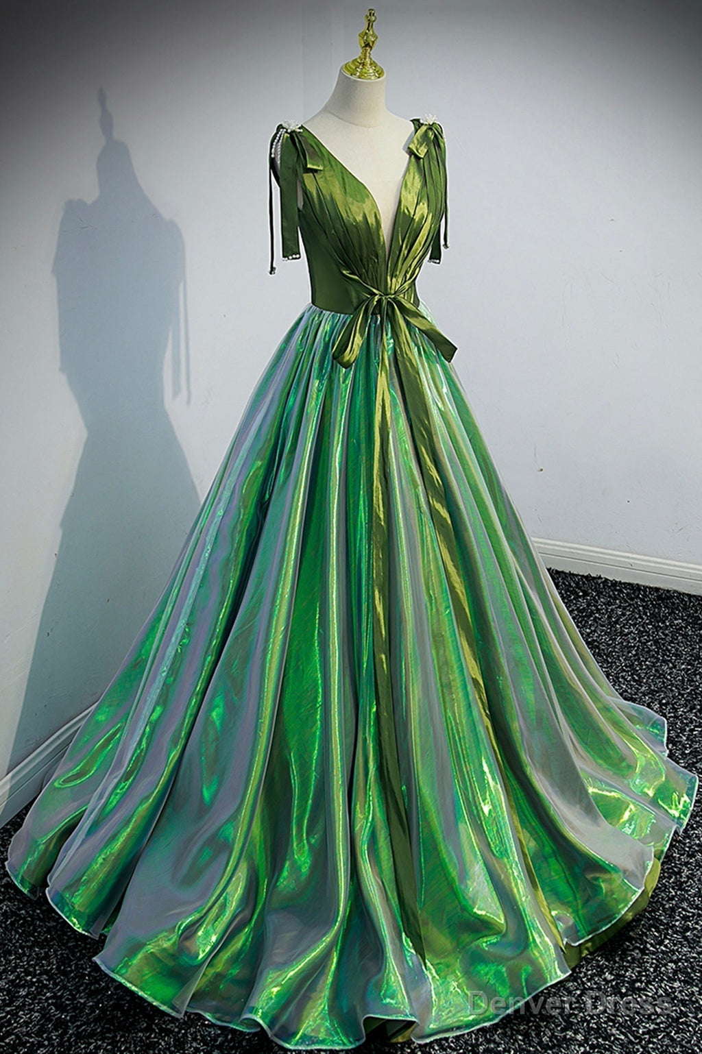 Green V Neck Long A Line Prom Dress, Simple Green Prom Dresses