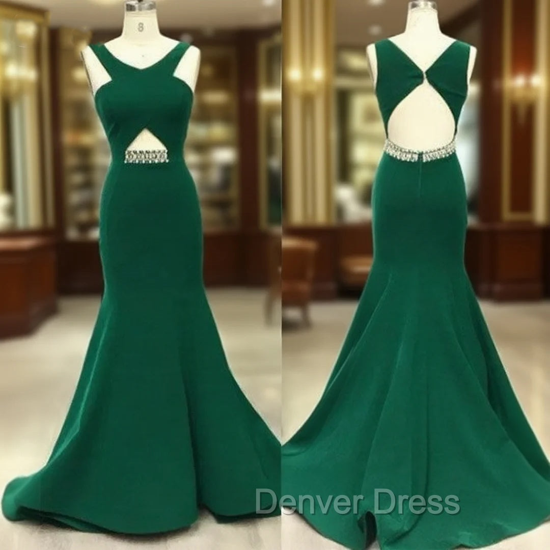 Green V Neck Mermaid Long Prom Dresses, Green Evening Dresses For Teens Main image