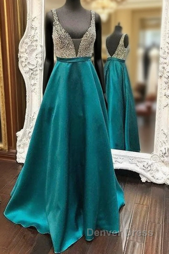 Green V Neck Sequin Long Prom Dresses, Green Evening Dresses Main image