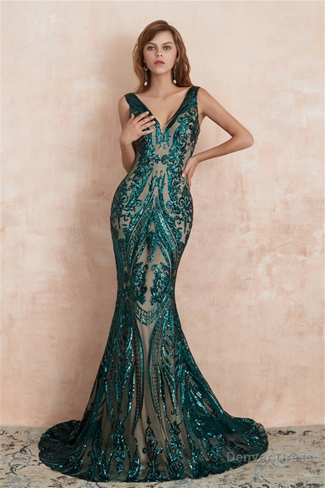 V Neck Sequins Mermaid Sleeveless Lace up Prom Dresses