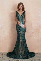 V Neck Sequins Mermaid Sleeveless Lace up Prom Dresses