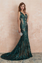 V Neck Sequins Mermaid Sleeveless Lace up Prom Dresses