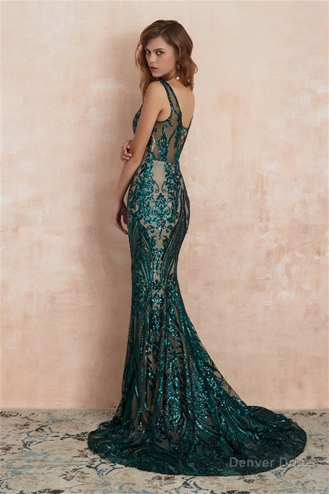 V Neck Sequins Mermaid Sleeveless Lace up Prom Dresses