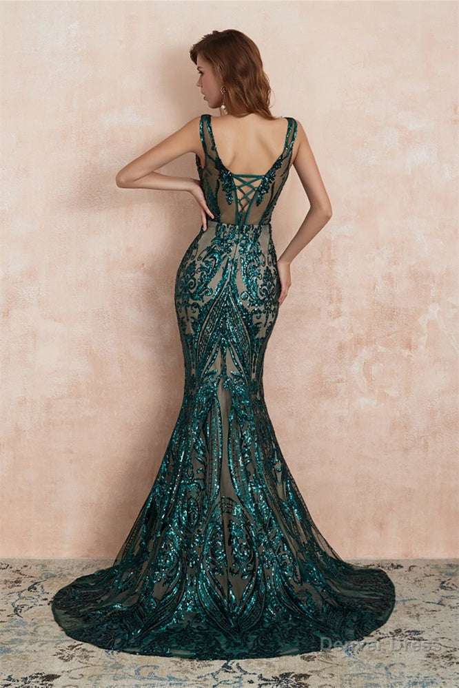 V Neck Sequins Mermaid Sleeveless Lace up Prom Dresses