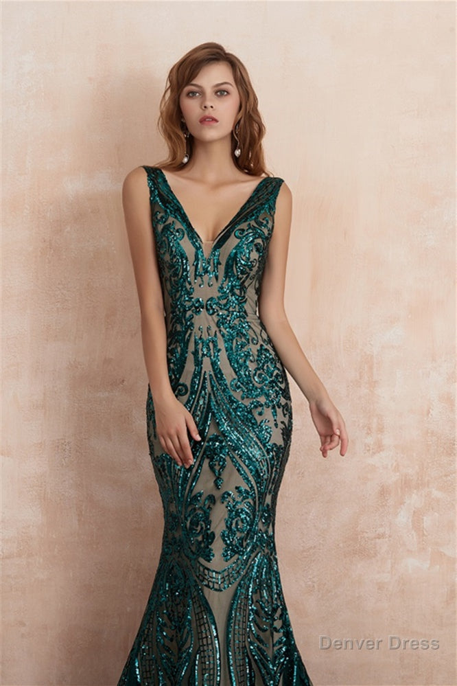 V Neck Sequins Mermaid Sleeveless Lace up Prom Dresses
