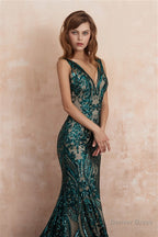 V Neck Sequins Mermaid Sleeveless Lace up Prom Dresses