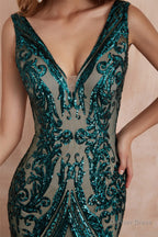 V Neck Sequins Mermaid Sleeveless Lace up Prom Dresses