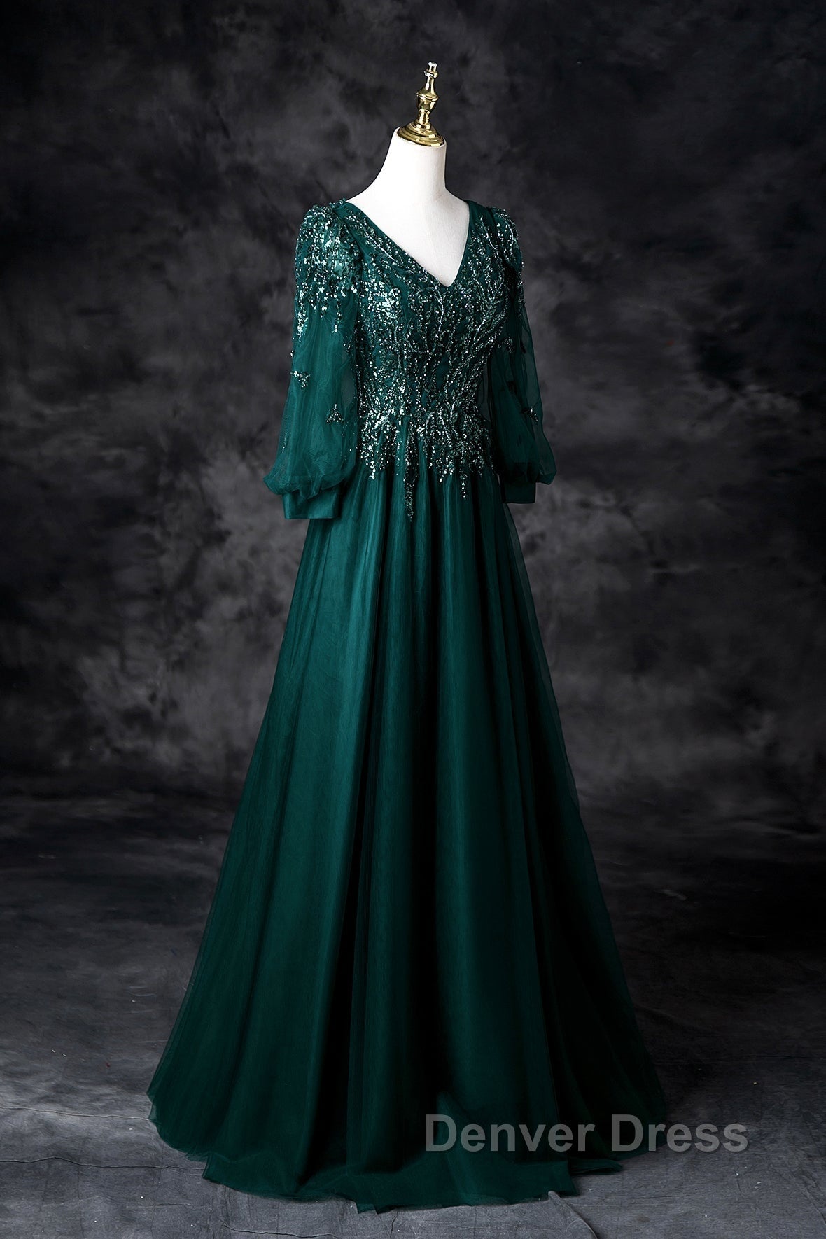 Green V-Neck Tulle Beads Long Prom Dresses, Elegant Long Sleeve Evening Party Dresses Secondary image