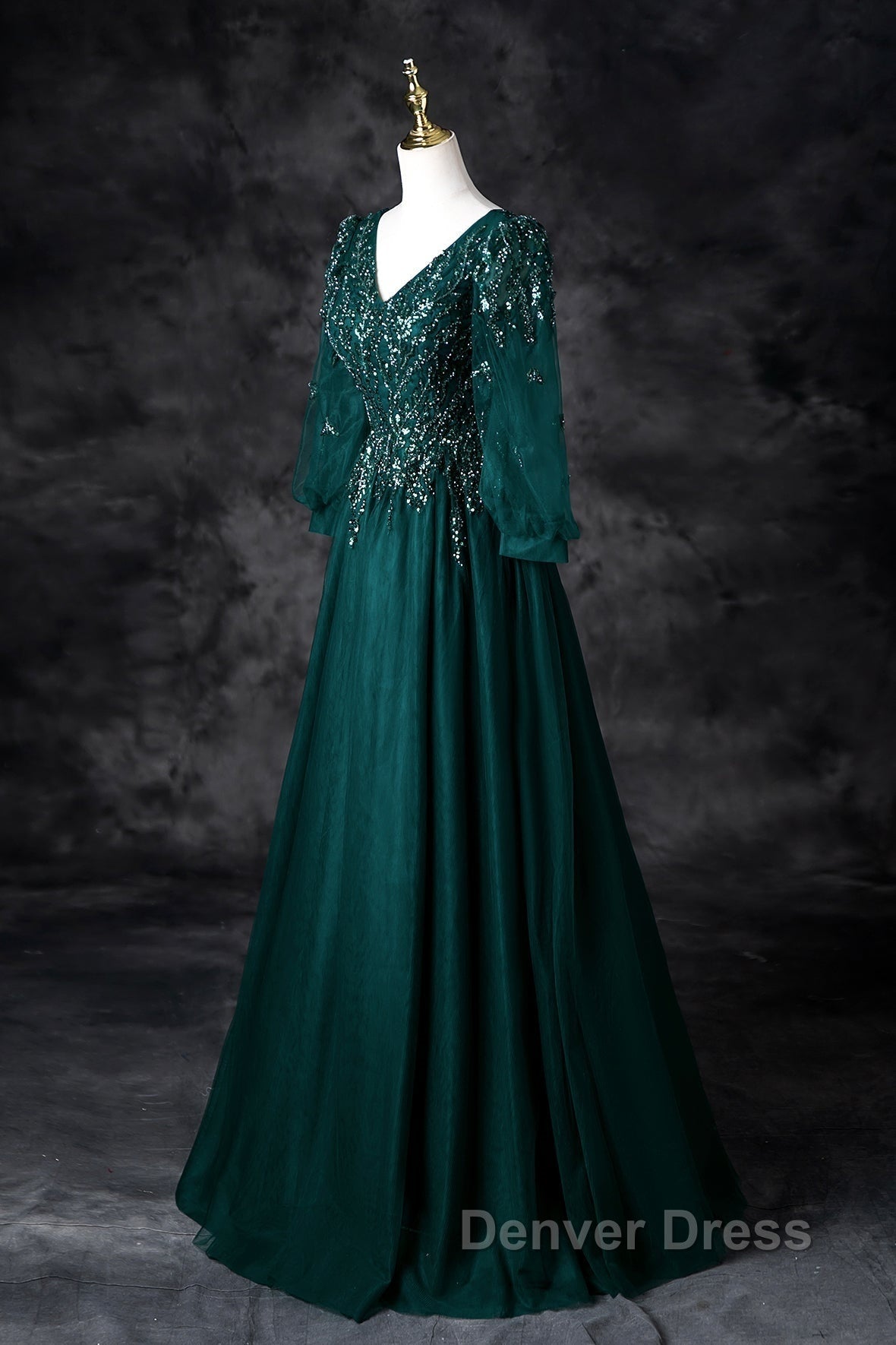 Green V-Neck Tulle Beads Long Prom Dresses, Elegant Long Sleeve Evening Party Dresses