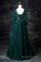 Green V-Neck Tulle Beads Long Prom Dresses, Elegant Long Sleeve Evening Party Dresses