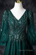 Green V-Neck Tulle Beads Long Prom Dresses, Elegant Long Sleeve Evening Party Dresses