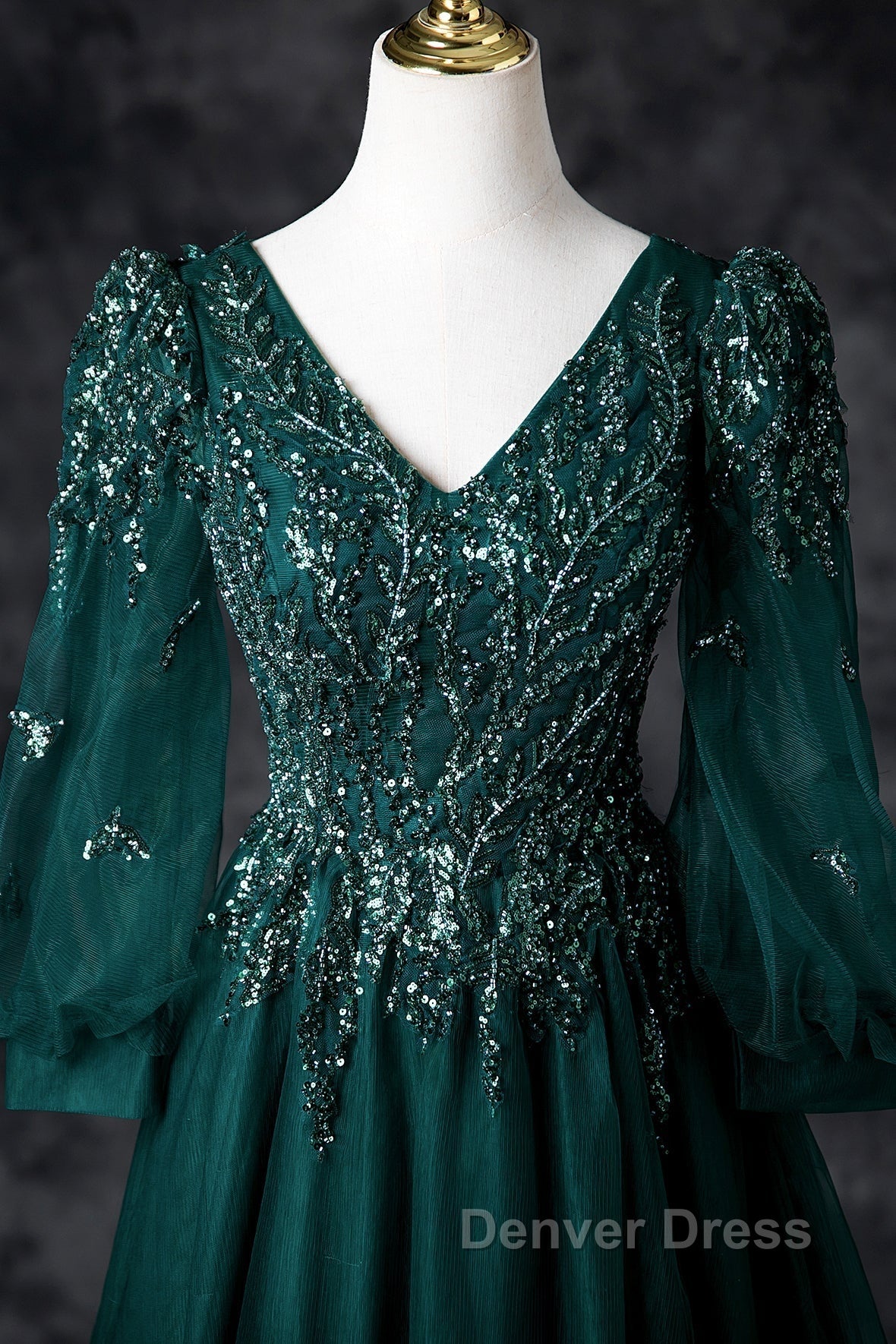 Green V-Neck Tulle Beads Long Prom Dresses, Elegant Long Sleeve Evening Party Dresses