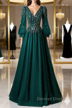 Green V-Neck Tulle Beads Long Prom Dresses, Elegant Long Sleeve Evening Party Dresses