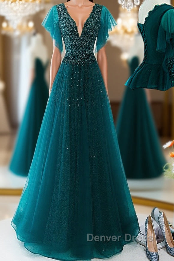 Green v neck tulle beads long prom Dress, green tulle Prom Dresses