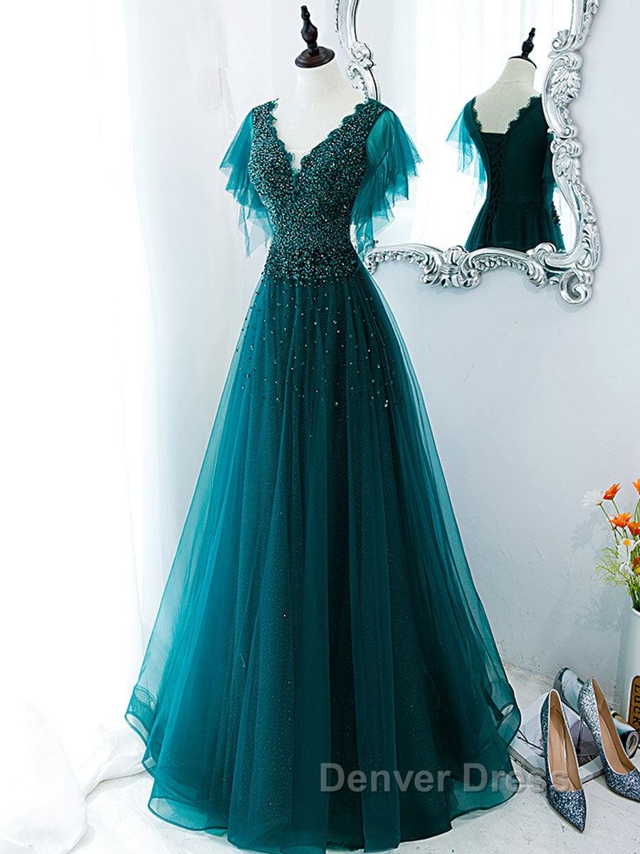 Green v neck tulle beads long prom Dress, green tulle Prom Dresses Secondary image
