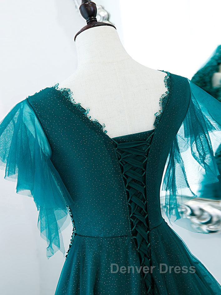 Green v neck tulle beads long prom Dress, green tulle Prom Dresses