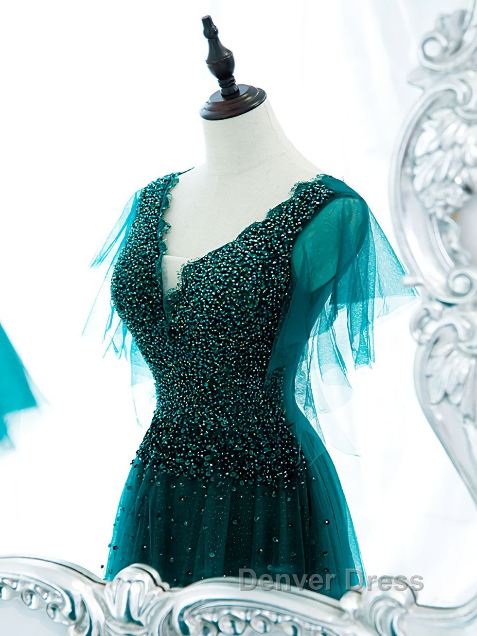 Green v neck tulle beads long prom Dress, green tulle Prom Dresses