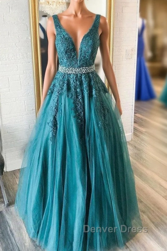 Green v neck tulle lace long prom Dress, green Prom Dresses Main image