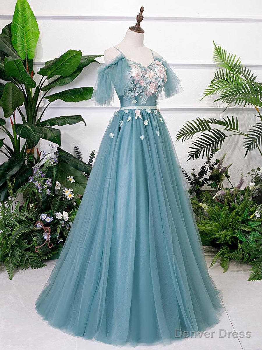 Green V Neck Tulle Lace Long Prom Dress Lace Evening Dress Main image