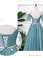 Green V Neck Tulle Lace Long Prom Dress Lace Evening Dress