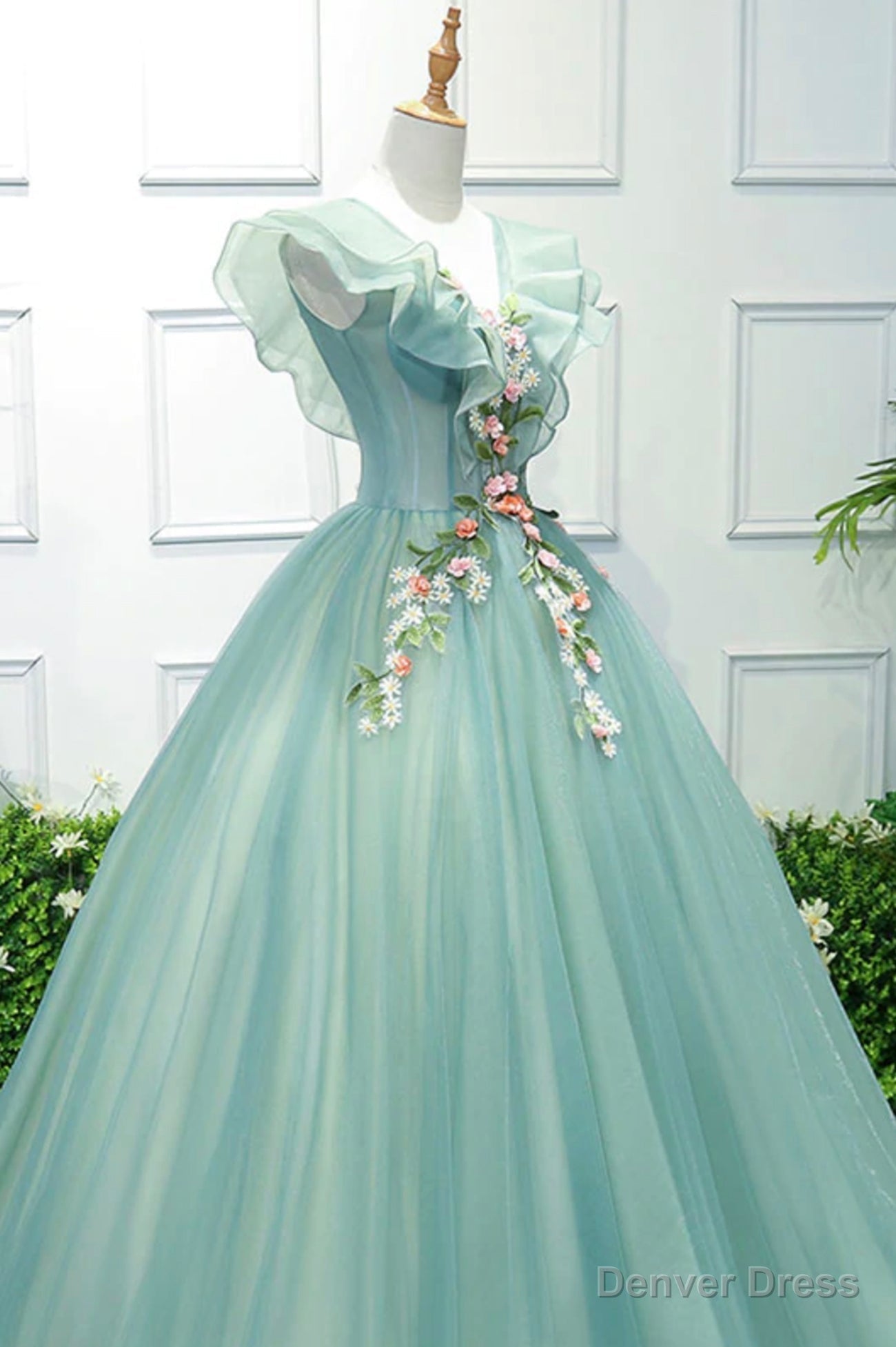 Green V Neck Tulle Long A Line Prom Dresses, A Line Prom Gowns
