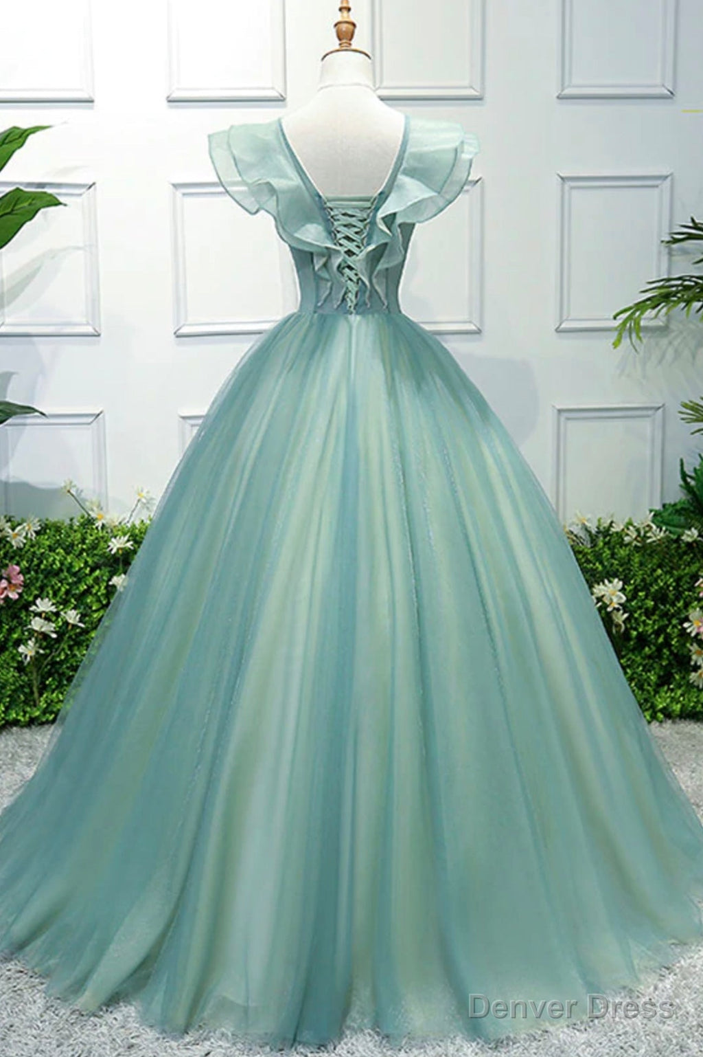 Green V Neck Tulle Long A Line Prom Dresses, A Line Prom Gowns
