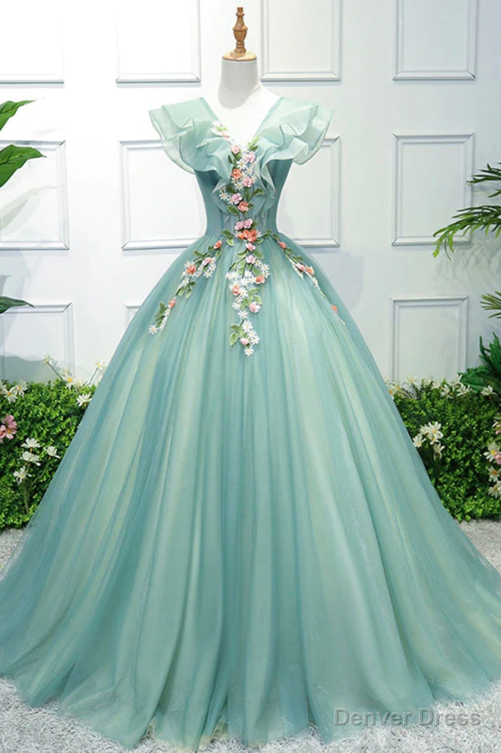 Green V Neck Tulle Long A Line Prom Dresses, A Line Prom Gowns