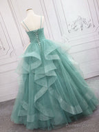Green V Neck Tulle Long Prom Dress, Green Sweet 16 Dresses