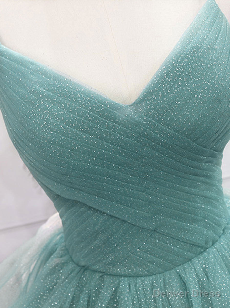 Green V Neck Tulle Long Prom Dress, Green Sweet 16 Dresses