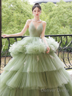 Green V Neck Tulle Long Prom Dress, Green Tulle Formal Evening Dress