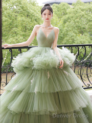 Green V Neck Tulle Long Prom Dress, Green Tulle Formal Evening Dress