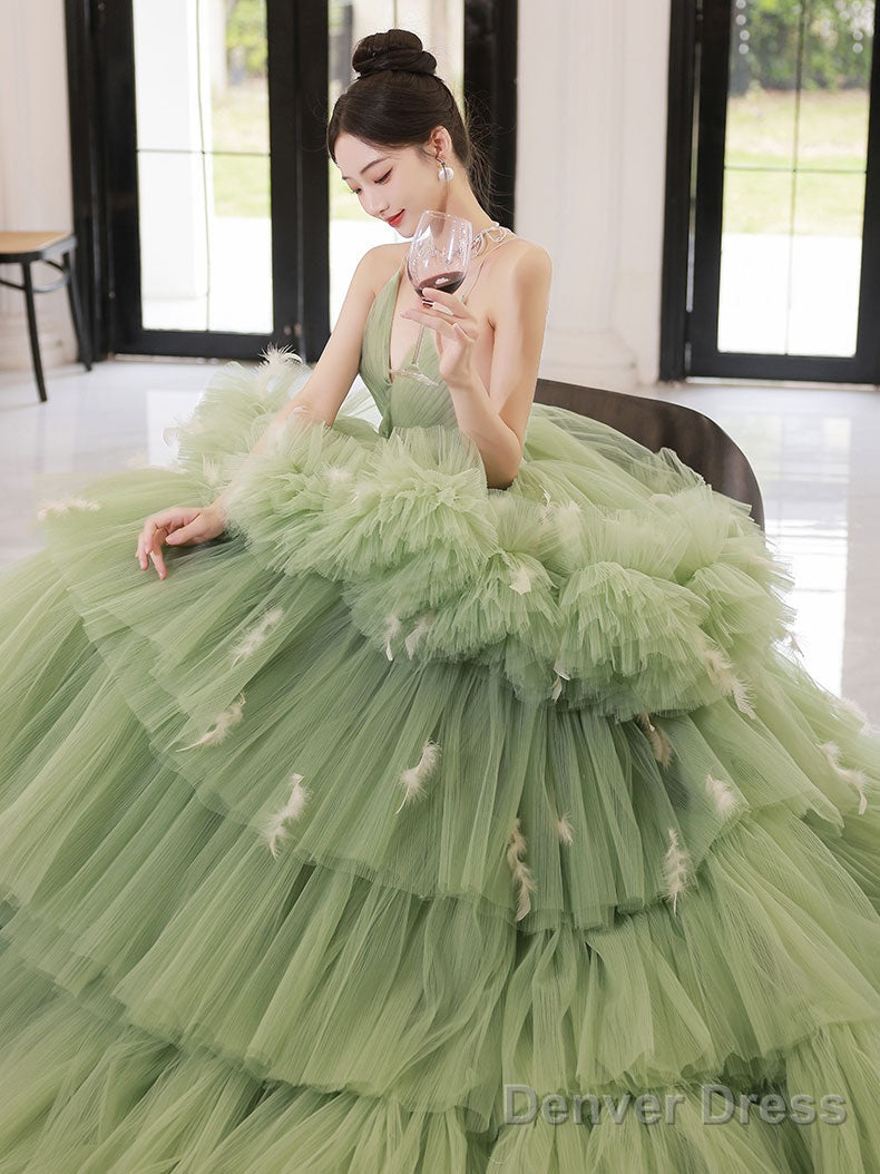 Green V Neck Tulle Long Prom Dress, Green Tulle Formal Evening Dress