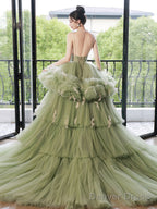 Green V Neck Tulle Long Prom Dress, Green Tulle Formal Evening Dress