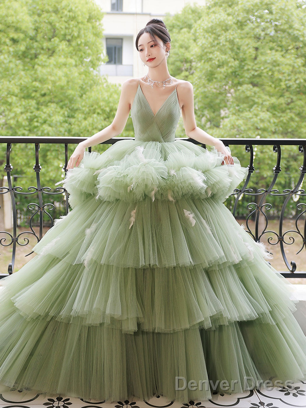 Green V Neck Tulle Long Prom Dress, Green Tulle Formal Evening Dress Main image