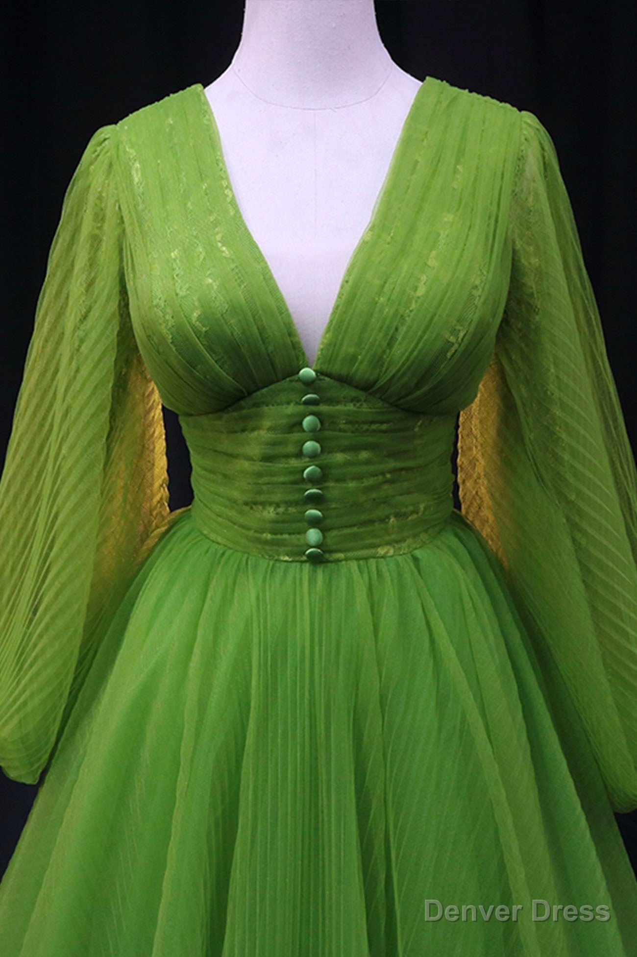 Green V-Neck Tulle Long Prom Dress, Long Sleeve Green Formal Evening Dress Secondary image