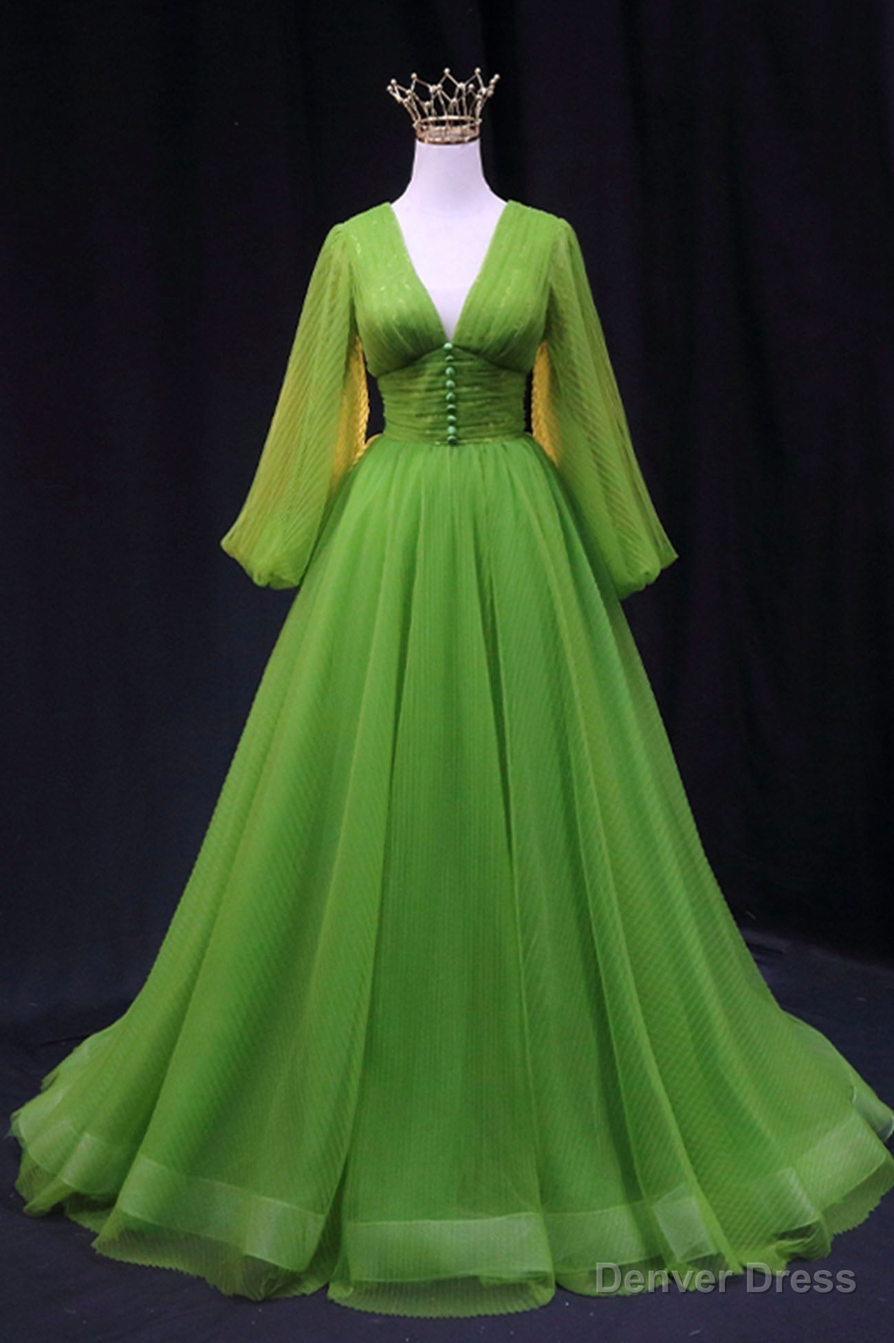 Green V-Neck Tulle Long Prom Dress, Long Sleeve Green Formal Evening Dress Main image